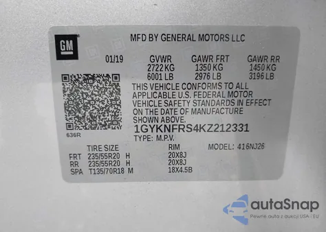 2019 Cadillac Xt5 Premium Luxury z USA, uszkodzony, nr VIN 1GYKNFRS4KZ212331